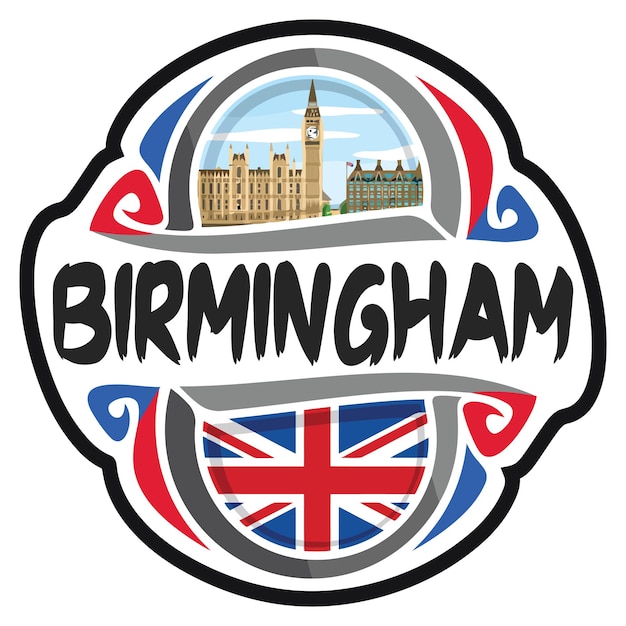 Birmingham UK United Kingdom Flag Travel Souvenir Skyline Landmark Logo Badge Stamp Seal Emblem EPS