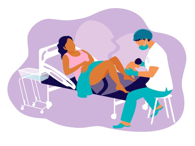 Vector birth of a child in a medical ward a newborn in the hands of a midwife. surrogacy mom childbirth