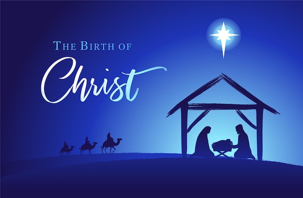 Birth of Christ, Holy family and text. Greeting card or banner concept. Internet poster design.