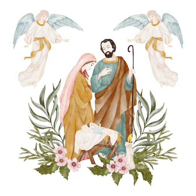Vector birth of jesus christ mary and joseph ner the manger with angels