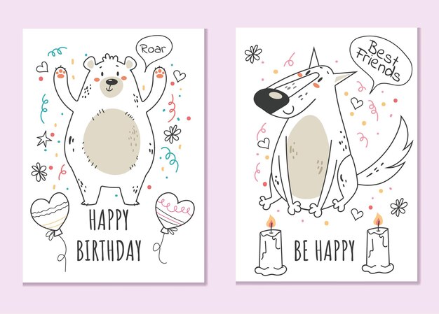 Birthday animal card printing template concept cartoon design element illustration