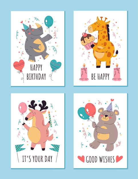 Vector birthday animal greeting card isolated set