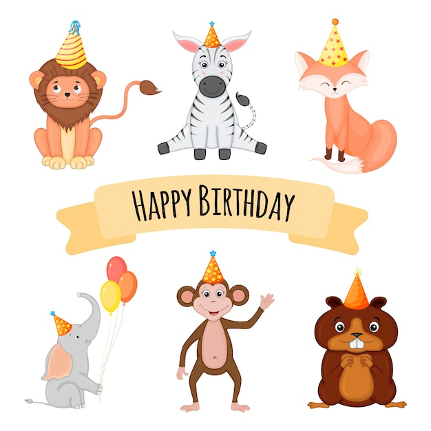 Animali di compleanno impostati per biglietto di auguri o invito. stile cartone animato. illustrazione vettoriale.