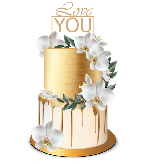 Vector birthday and anniversary golden cake with orchid flowers