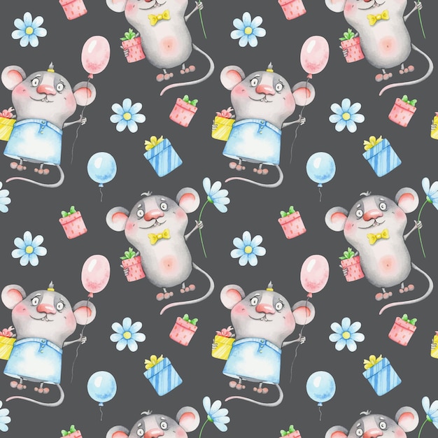 Birthday background Seamless pattern with mice balloons gifts Cute cartoon characters Watercolor illustration