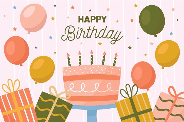 Vector birthday background with balloons and cake