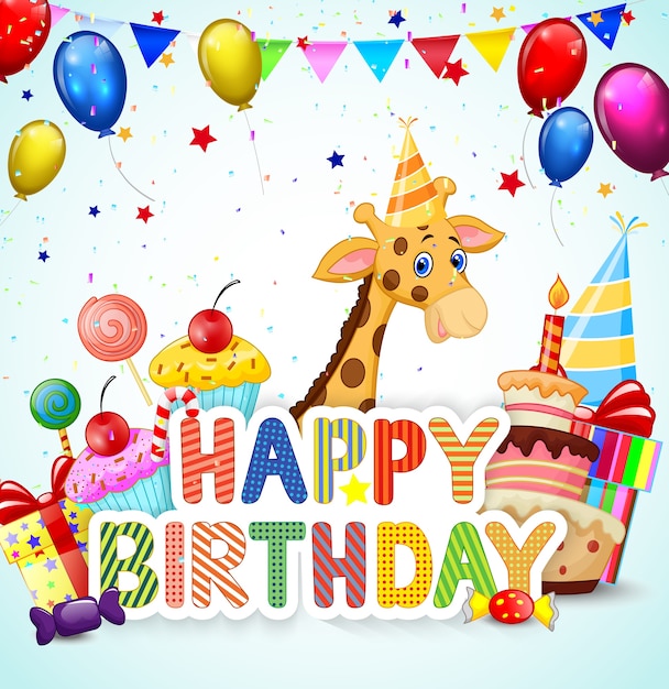 Vector birthday background with cartoon giraffe