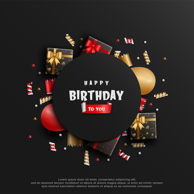 Birthday background with circle board above gift box and balloons