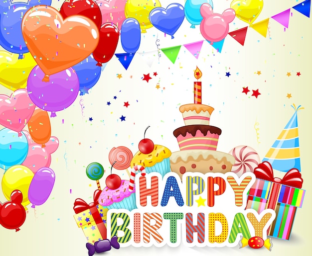 Birthday background with colorful balloon and birthday cake