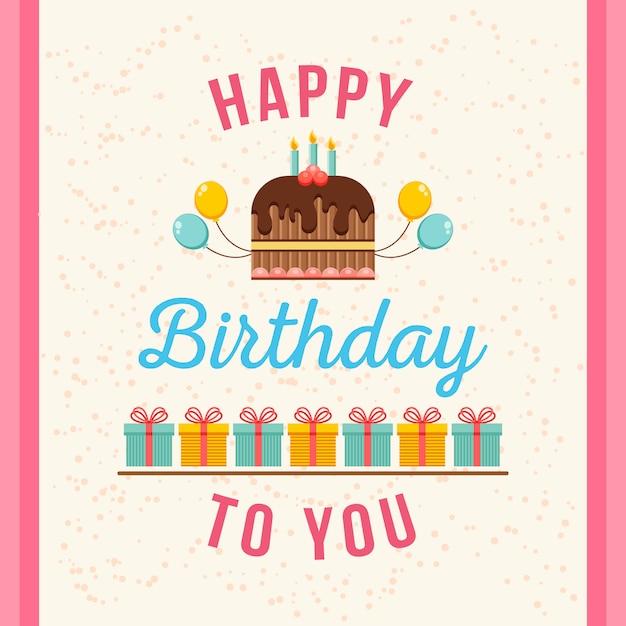 Vector birthday background with colourful cake and gifts