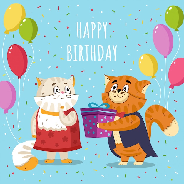 Birthday background with cute cats. animal characters celebrating party