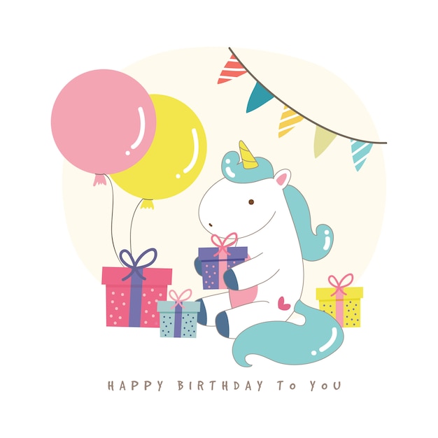 Birthday background with cute unicorn