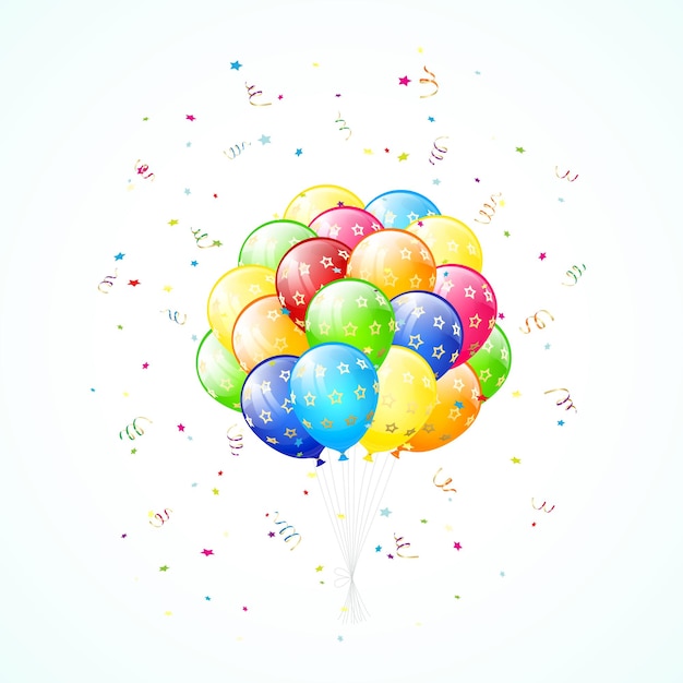 Birthday background with flying colorful balloons holiday tinsel and confetti illustration