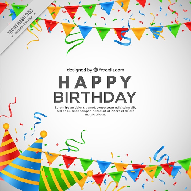 Birthday background with garlands and party hats in realistic style