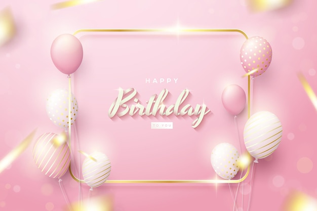 Vector birthday background with pink baloons and square gold outline