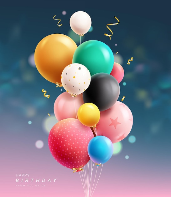 Вектор Векторный дизайн воздушных шаров на день рождения связка воздушных шаров с плавающими элементами дня рождения векторная иллюстрация