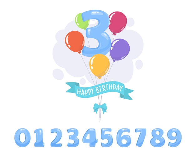 Vector birthday balloons with number and ribbon bunch of balloons for boys birthday party