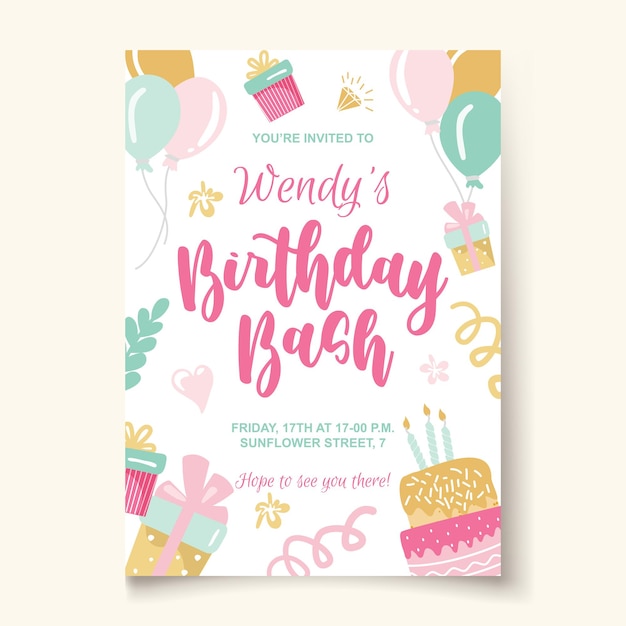 Birthday bash template with lettering cake in childish style