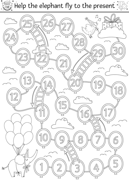 Birthday black and white board game for children with cute animal. Educational holiday outline boardgame with elephant, present, clouds, ladders, balloons. Surprise party line activity.