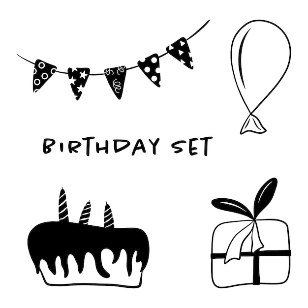 Vector birthday black and white icons set