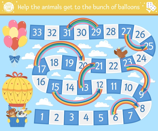 Birthday board game for children with cute animals in hot air balloon. educational holiday boardgame with clouds, rainbows and balloons. party activity for kids.