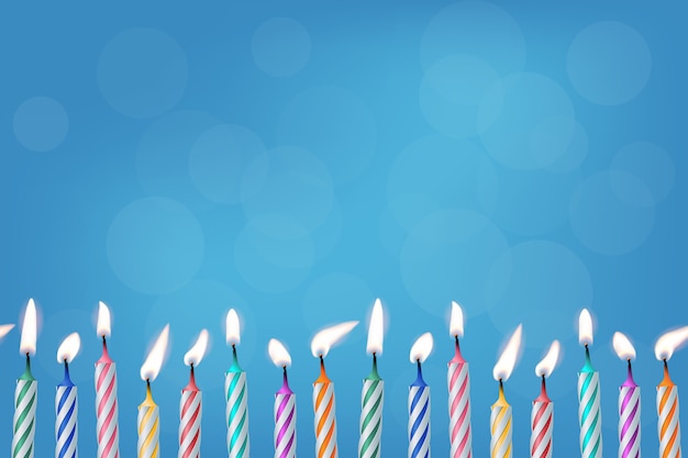 birthday burning candles on blue background realistic template for invitation or gift card