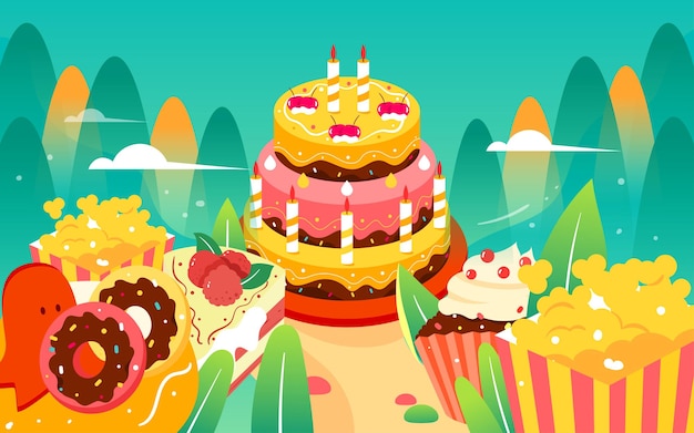 Торт на день рождения юбилейный иллюстрированный праздник пожелает еда плакат
