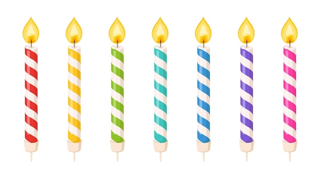 Birthday cake candles with fire flame and colored spiral strips. Small wax sticks with burning wick isolated on white background. Vector cartoon set of candles for holiday party