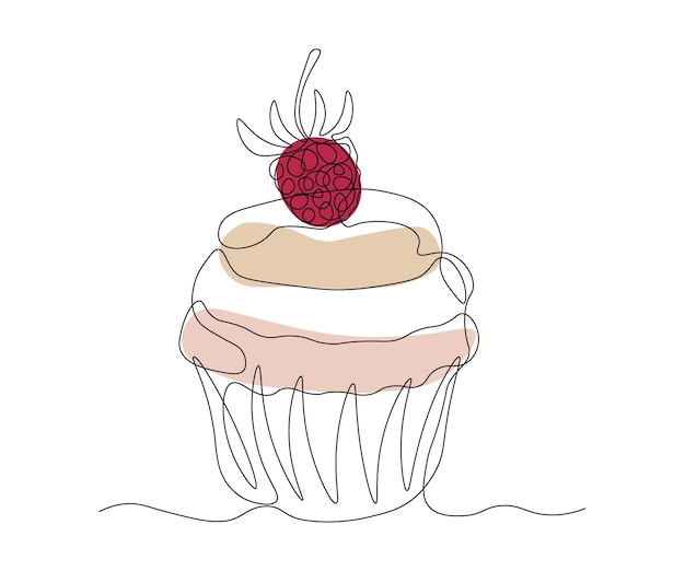 Birthday cake cupcake cake with berry Continuous One Line Drawing