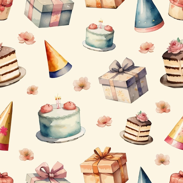birthday cake cupcakes hats and other items are shown in this seamless pattern
