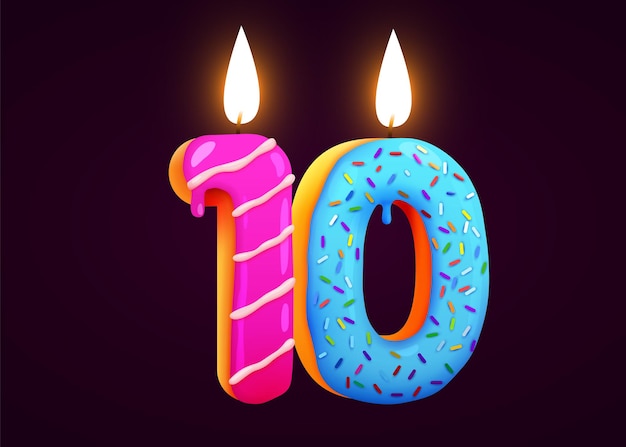 Vettore torta di compleanno font numero 10 con candela anniversario di un anno collezione gustosa