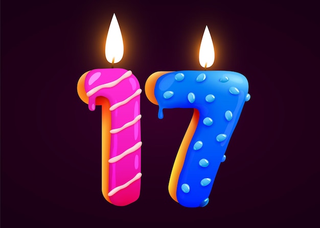 Vector birthday cake font number 17 with candle one year anniversary tasty collection