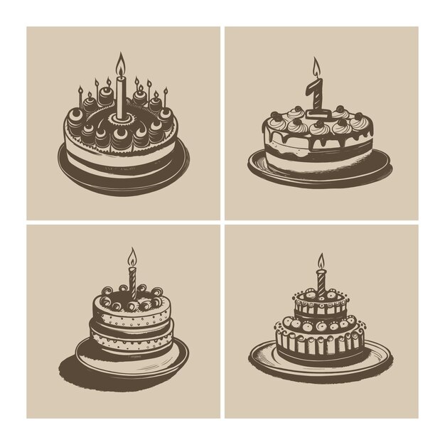 Birthday Cake Handdrawn Vector Sketch Illustration 4in1 Set