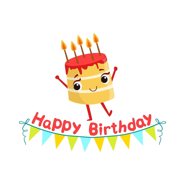 Birthday Cake And Paper Garland Kids Party Happy Smiling Animated Object Cartoon Girly Character Festive Illustration