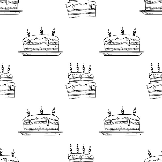 손으로 그린 스케치 스타일 생일 케이크 원활한 패턴