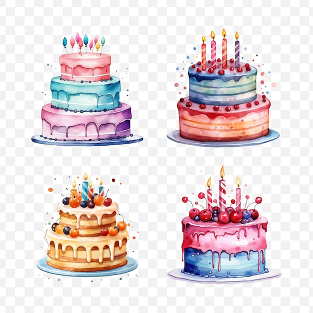 Birthday cake watercolor vector element set transparent isolated