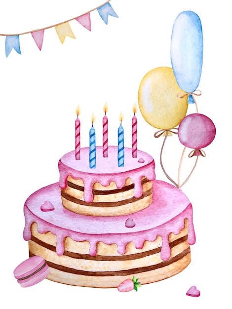 Birthday cake watercolor vector  illustration