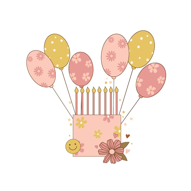 웃는 얼굴이 있는 분홍색과 노란색 파스텔 색상 그루비 케이크에 풍선이 있는 생일 케이크
