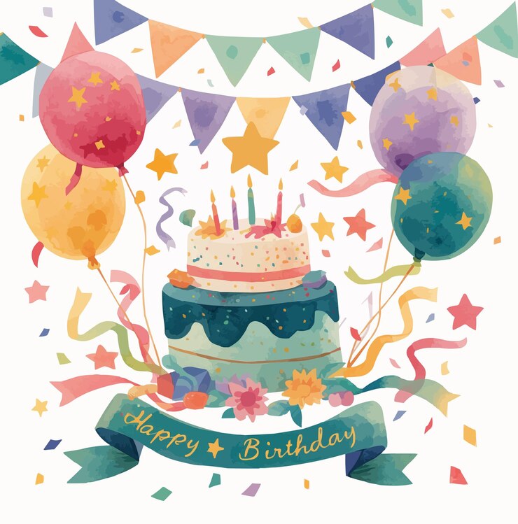 Vector 풍선과 생일 축하라는 배너가 있는 생일 케이크