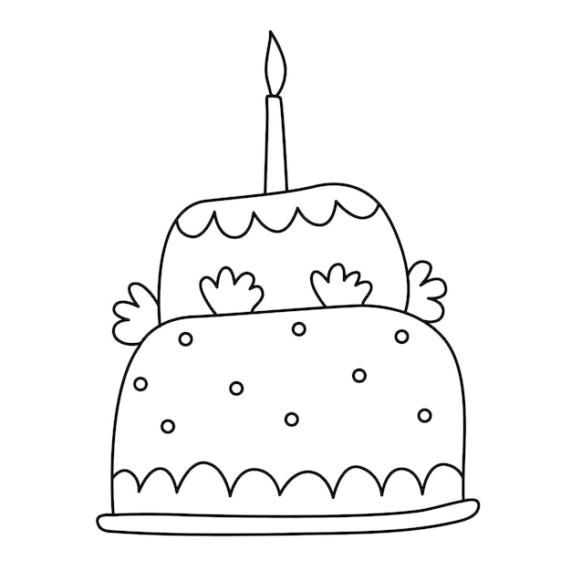 Torta di compleanno con candela accesa illustrazione vettoriale doodle disegnato a mano