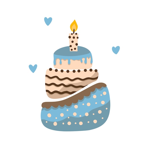 Birthday cake with a candle vector party baby kids simple flat baked dessert doodle illustration