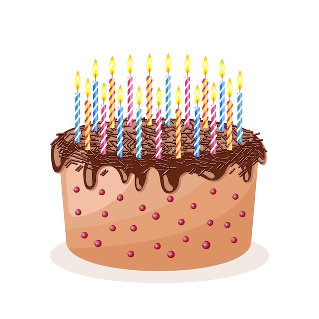 Birthday cake with candles, cake with cream and chocolate chips. Happy birthday card, vector