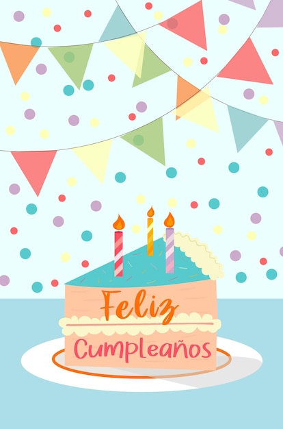 Birthday cake with candles. Feliz Cumpleanos Happy Birthday in Spanish .Happy birthday party event