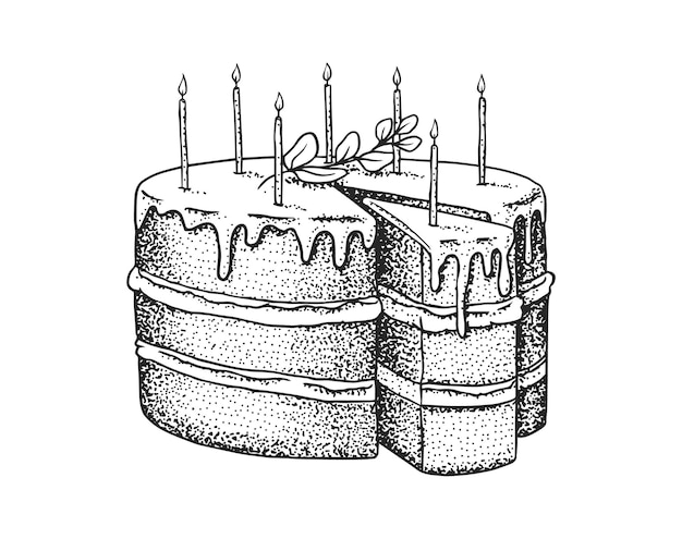 Torta di compleanno con candele. dessert o crostata alla frutta. prodotto da forno disegnato a mano. cibo dolce celebrativo