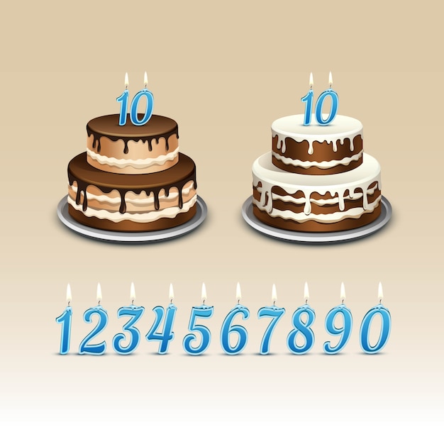 Vector birthday cake with candles numerals flame fire light