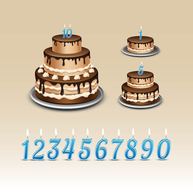 Vector birthday cake with candles numerals flame fire light.