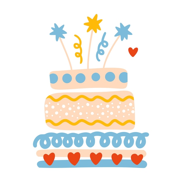 Birthday cake with confetti stars vector party baby kids simple flat dessert