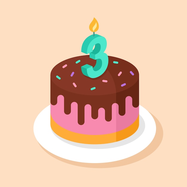 Birthday cake with number 3 candle Third birthday vector illustration