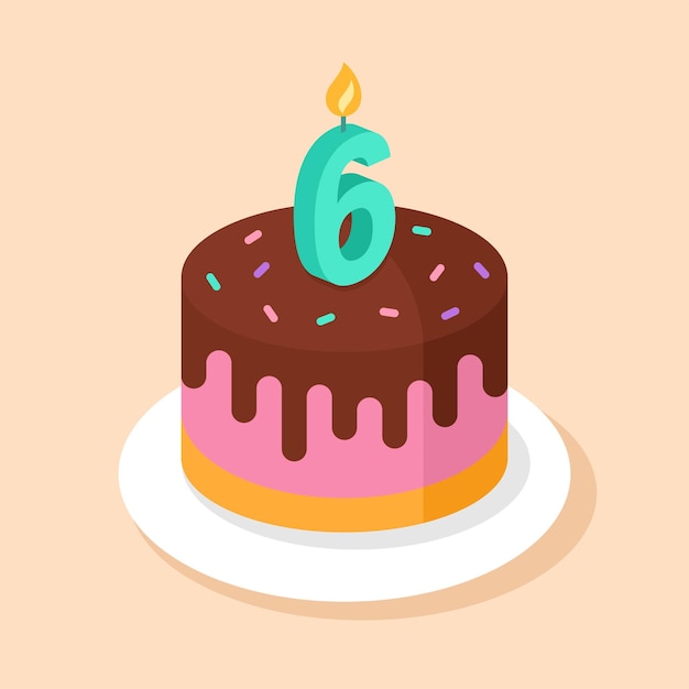 Birthday cake with number 6 candle Sixth birthday vector illustration