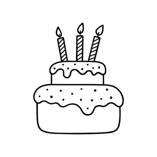 Торт на день рождения с тремя свечами каракули Ручной рисунок векторной иллюстрации
